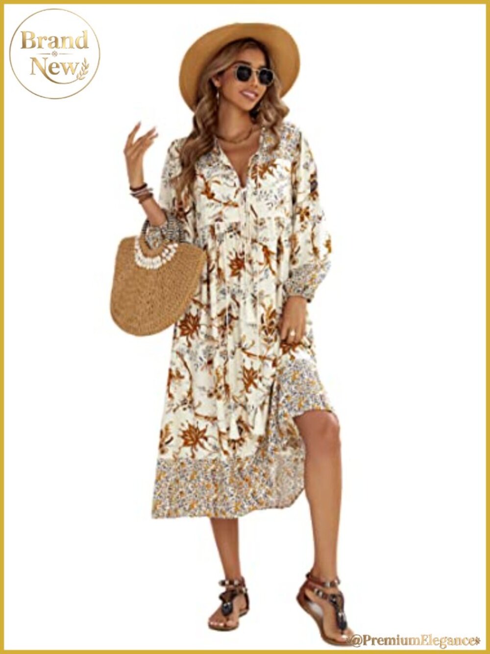 Women's Long Sleeve Floral Midi Dress Boho Casual Empire Waist
